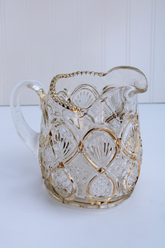 1890s EAPG pitcher, Northwood Crystal Queen large jug w/ gold, antique pressed pattern glass