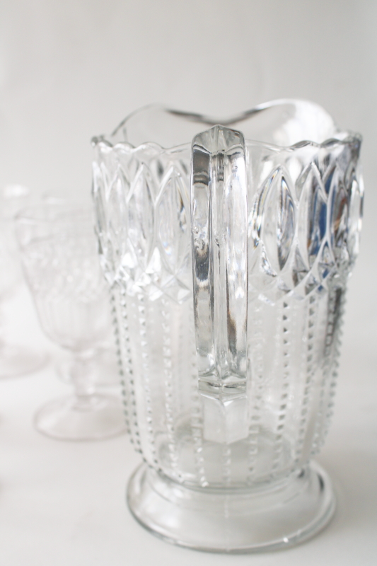 1890s EAPG pitcher  goblets set, antique US Glass loop w/ dewdrop pressed pattern