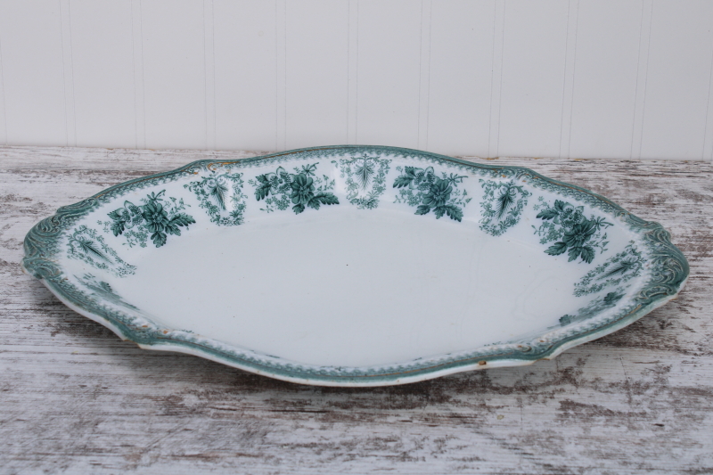 1890s antique ironstone china platter, stained Brussels teal green transferware Grindley England