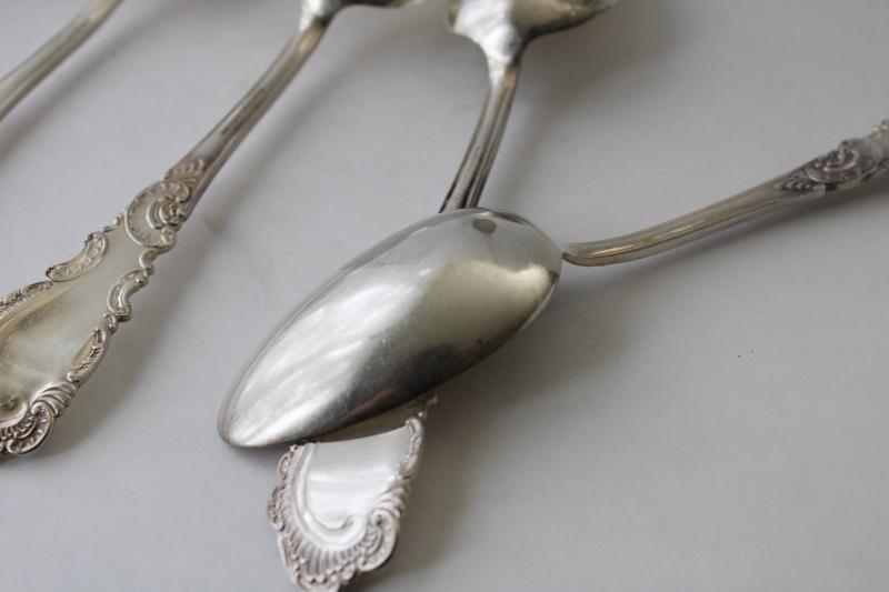 1890s antique silver plate flatware, Rogers & Hamilton Aldine pattern, large Victorian soup spoons
