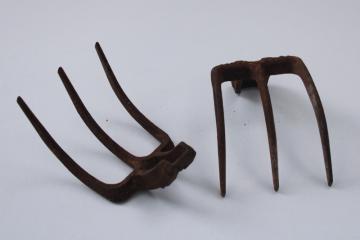 1890s patent date antigue cast iron claw hooks, vintage rake tool or farm equipment hardware rusty primitive
