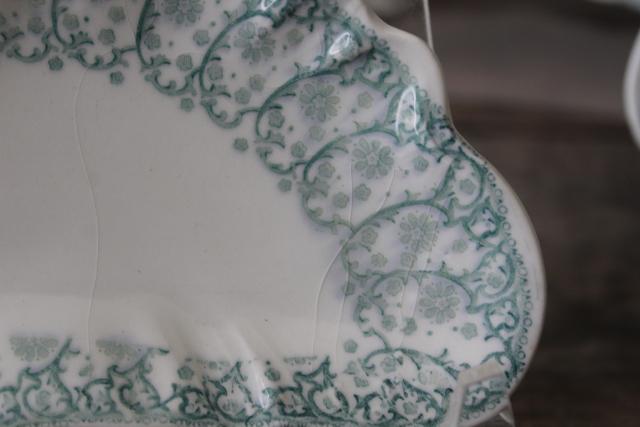1899 antique china bone dishes, crescent shape plates green transferware Waverly Johnson Bros