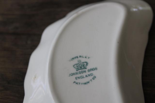 1899 antique china bone dishes, crescent shape plates green transferware Waverly Johnson Bros