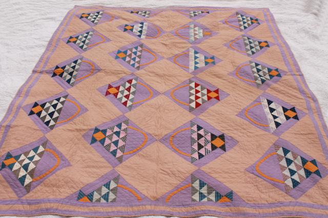 1920-30s vintage hand-stitched quilt, basket pattern antique cotton fabric
