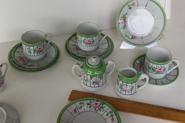 1920s 1930s vintage Japan hand painted china garden party tea set, roses & jadite green
