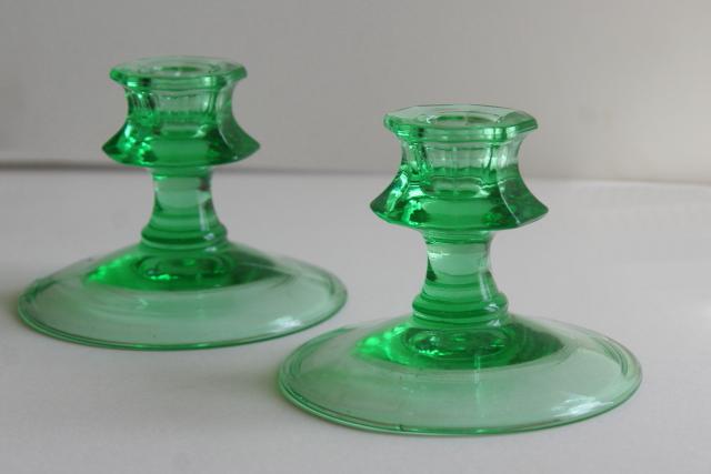 1920s 1930s vintage depression glass candlesticks, uranium green glass candle holders