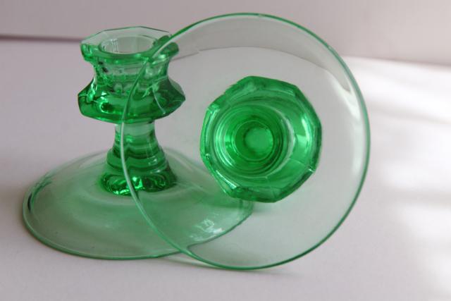 1920s 1930s vintage depression glass candlesticks, uranium green glass candle holders