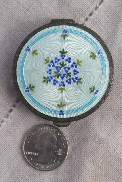 1920s 1930s vintage sterling silver powder compact w/ guilloche enamel floral design