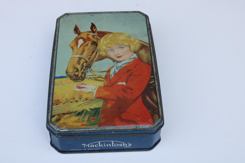 1920s 30s vintage Mackintosh English toffee tin, flapper bob girl w/ horse