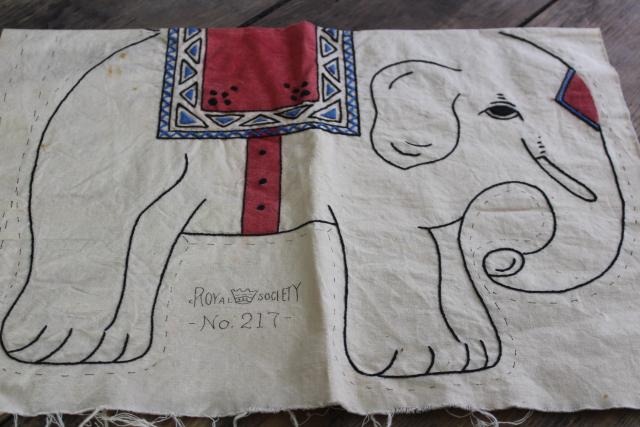 1920s 30s vintage Royal Society print cotton pillow to sew Indian elephant w/ embroidery