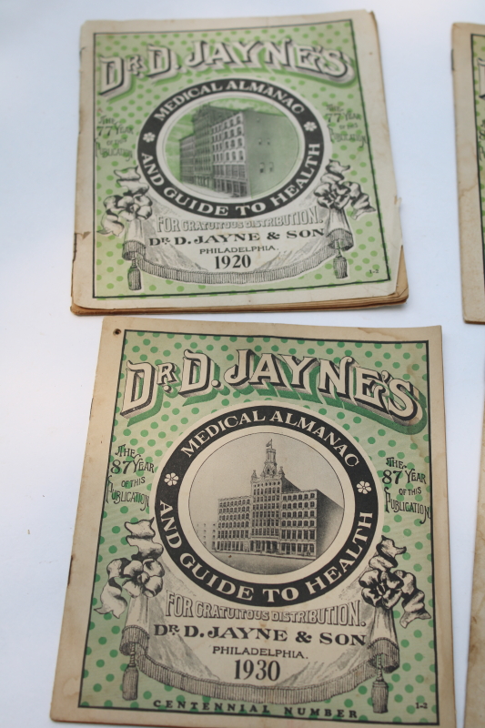 1920s 30s vintage almanacs lot, Dr Jaynes patent medicine advertising green paper covers