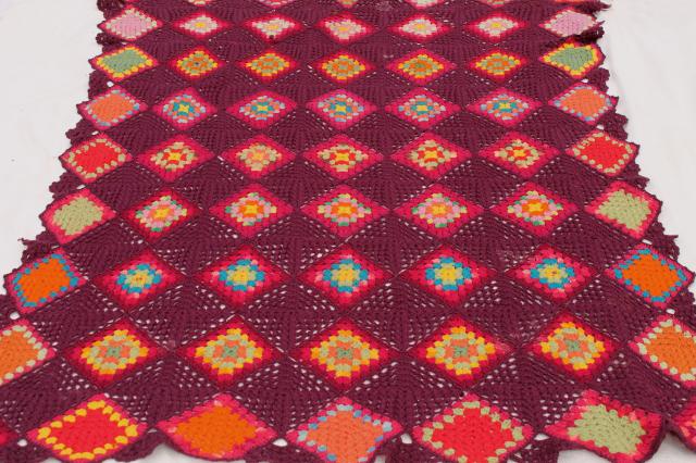 1920s 30s vintage bohemian crochet granny squares blanket throw, deep maroon red w/ jewel colors