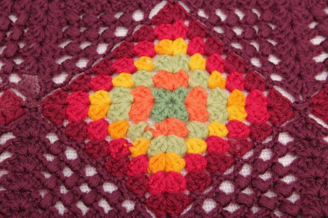 1920s 30s vintage bohemian crochet granny squares blanket throw, deep maroon red w/ jewel colors
