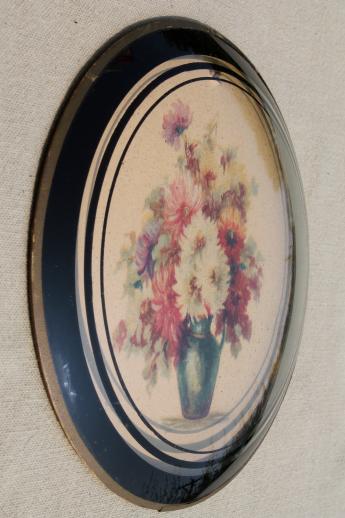 1920s 30s vintage convex bubble glass pictures w/ pair of antique floral prints