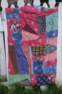 1920s 30s vintage doll quilt lap throw, Victorian crazy quilt embroidery print rayon silk