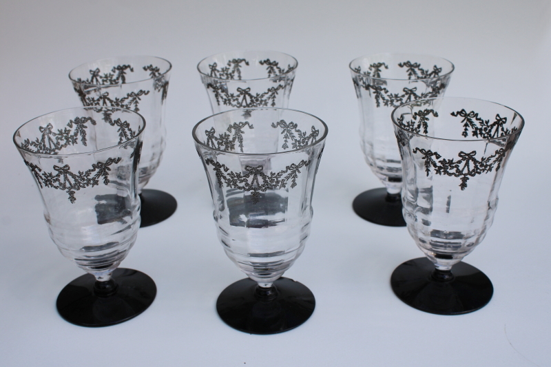1920s 30s vintage drinking glasses, footed tumblers art deco black and clear w/ swags