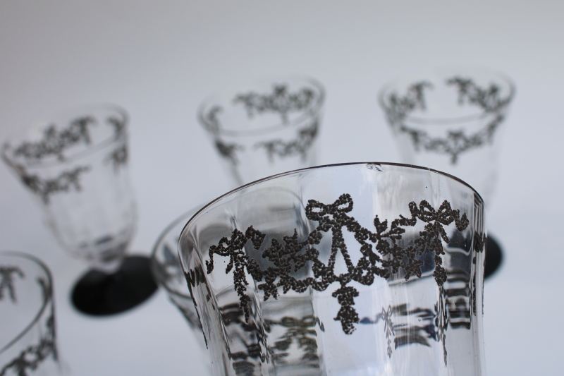 1920s 30s vintage drinking glasses, footed tumblers art deco black and clear w/ swags