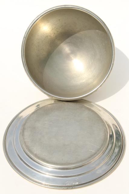 1920s 30s vintage pewter butter dish, antique table silver, dome cover plate