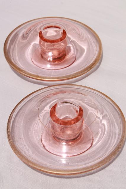 1920s 30s vintage pink depression glass candlesticks, mushroom shape pair of candle holders