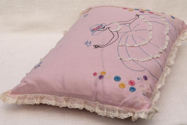1920s 30s vintage pink & white lace trimmed embroidered cushions, throw pillows for bed or boudoir
