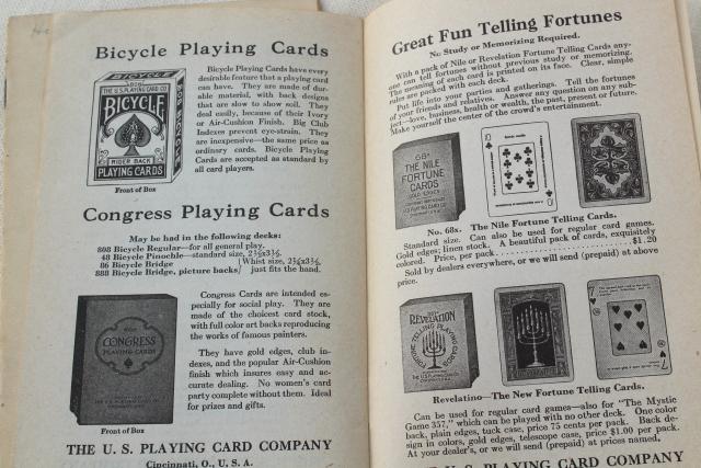 1920s playing card tricks & games booklets, parlor trick fortune telling house of cards 