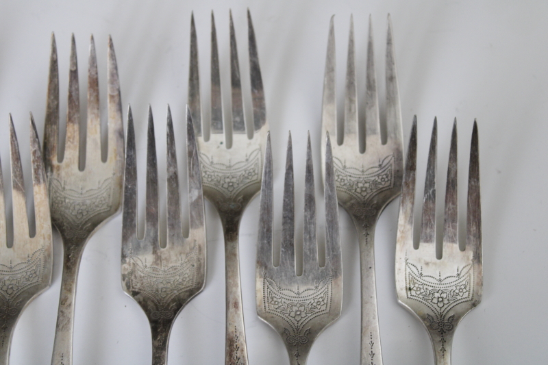 1920s vintage Community silver plate salad forks, Paul Revere pattern delicate etched floral