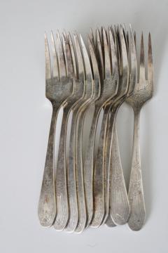 1920s vintage Community silver plate salad forks, Paul Revere pattern delicate etched floral