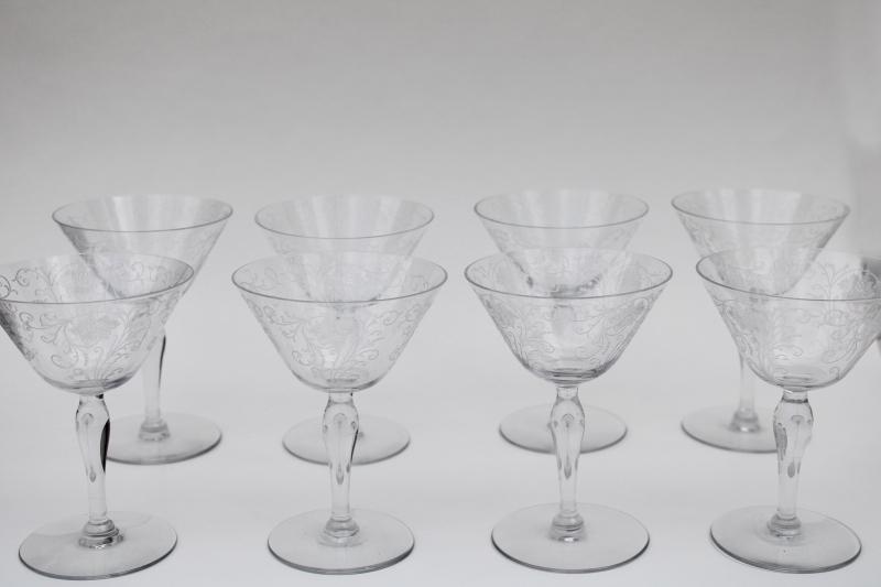 1920s vintage Fostoria Wildflower etched crystal champagne glasses coupe champagnes set of 8