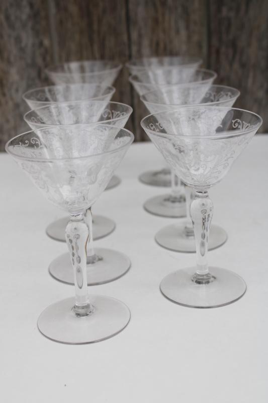 1920s vintage Fostoria Wildflower etched crystal cocktail glasses set of 8
