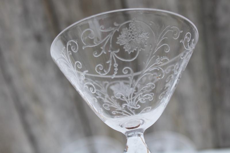 1920s vintage Fostoria Wildflower etched crystal cocktail glasses set of 8