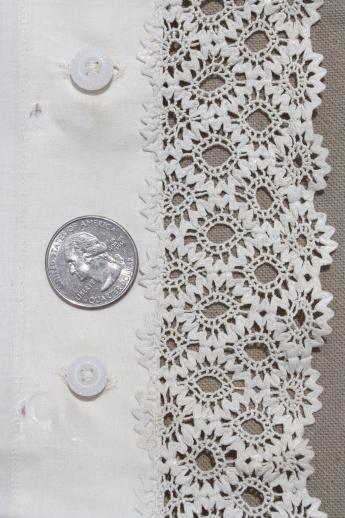 1920s vintage button-up pillowcases, pair of antique lace edged cotton pillow shams