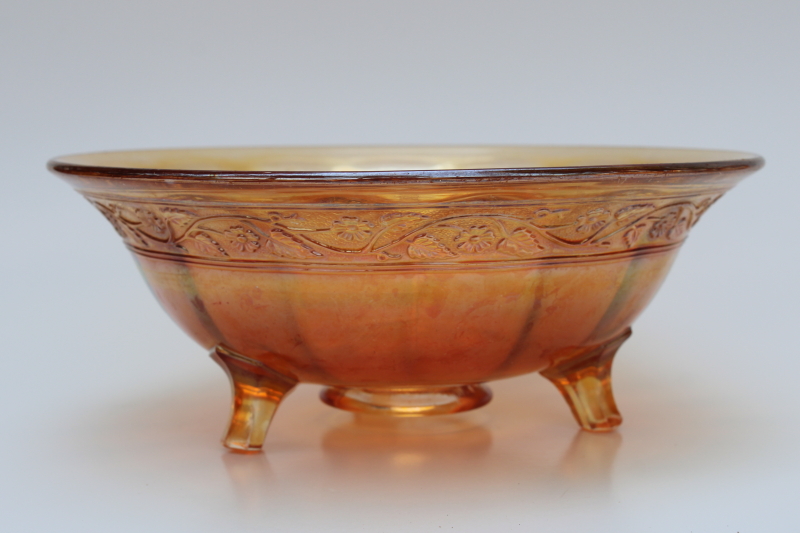 1920s vintage carnival glass bowl, Imperial floral band pattern marigold orange iridescent color