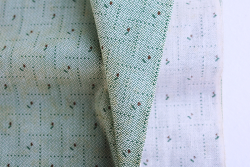 1920s vintage cotton fabric, browned antique shirting woven print mint green