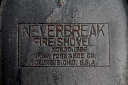 1920s vintage fire shovel or coal scoop, NeverBreak shovel w/ hickory handle