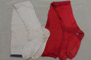1920s vintage over the knee stockings, primitive knit socks in barn red & natural cotton 