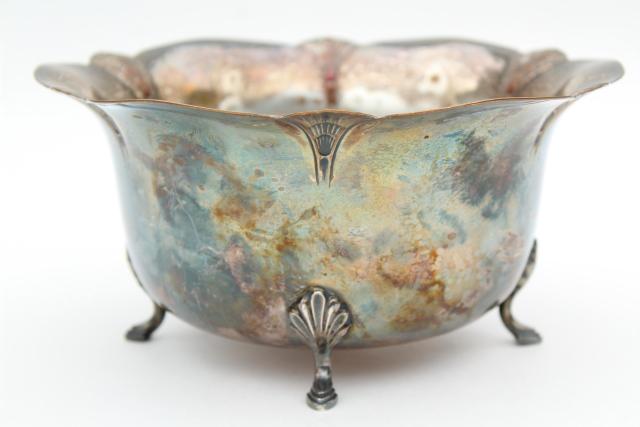 1920s vintage silver over copper, Sheffield shell footed bowl, antique silver plate