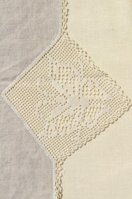 1920s vintage tablecloth, antique flax linen fabric w/ crochet butterfly lace motifs