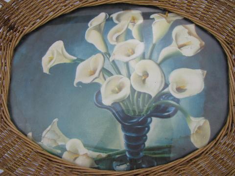 1920s-30s vintage basket weave tray w/ color litho calla lilies print