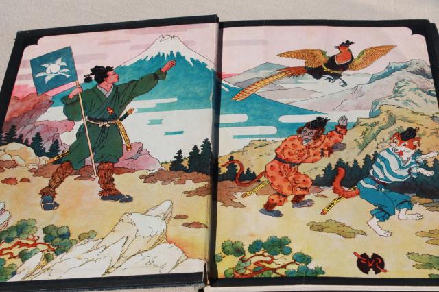 1928 vintage book of fairy tales, Little Peachling stories of old Japan color illustrations