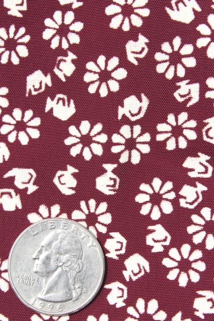 1930 1940s vintage rayon fabric, burgundy wine floral print silky material