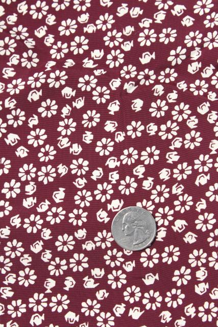 1930 1940s vintage rayon fabric, burgundy wine floral print silky material