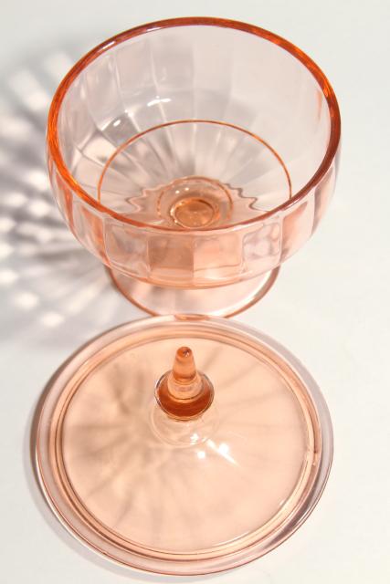 1930s 1940s vintage pink depression glass candy jar, pedestal dish with lid