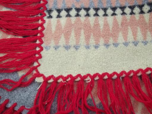 1930s 40s vintage Indian pattern cotton camp blanket w/ red wool fringe