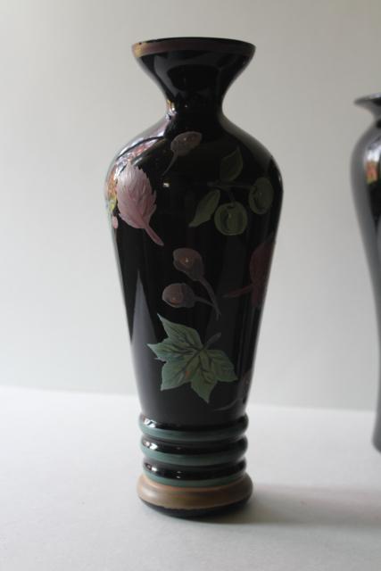 1930s 40s vintage black amethyst glass vases, art deco hand painted flower vase