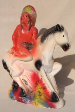 1930s 40s vintage carnival prize, chalkware Indian on horseback, painted plaster figure
