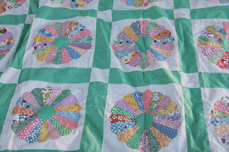 1930s 40s vintage dresden plate quilt top, candy colors print cotton fabric mint green border