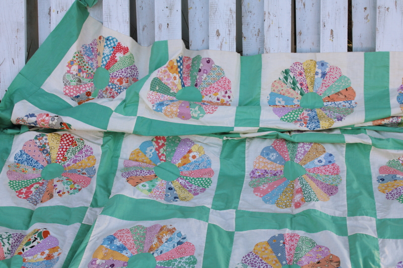 1930s 40s vintage dresden plate quilt top, candy colors print cotton fabric mint green border