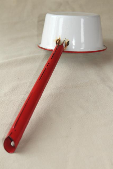 1930s 40s vintage enamelware ladle / dipper, white enamel w/ red band trim