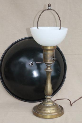 1930s 40s vintage metal helmet shade brass light, industrial / office desk lamp