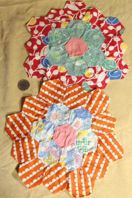 1930s 40s vintage pieced patchwork quilt blocks, Grandma's flower garden all cotton print fabrics